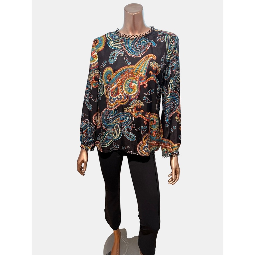 J.Crew 100% Silk Paisley Print Blouse Black Cottagecore Whimsical Bohemian/S